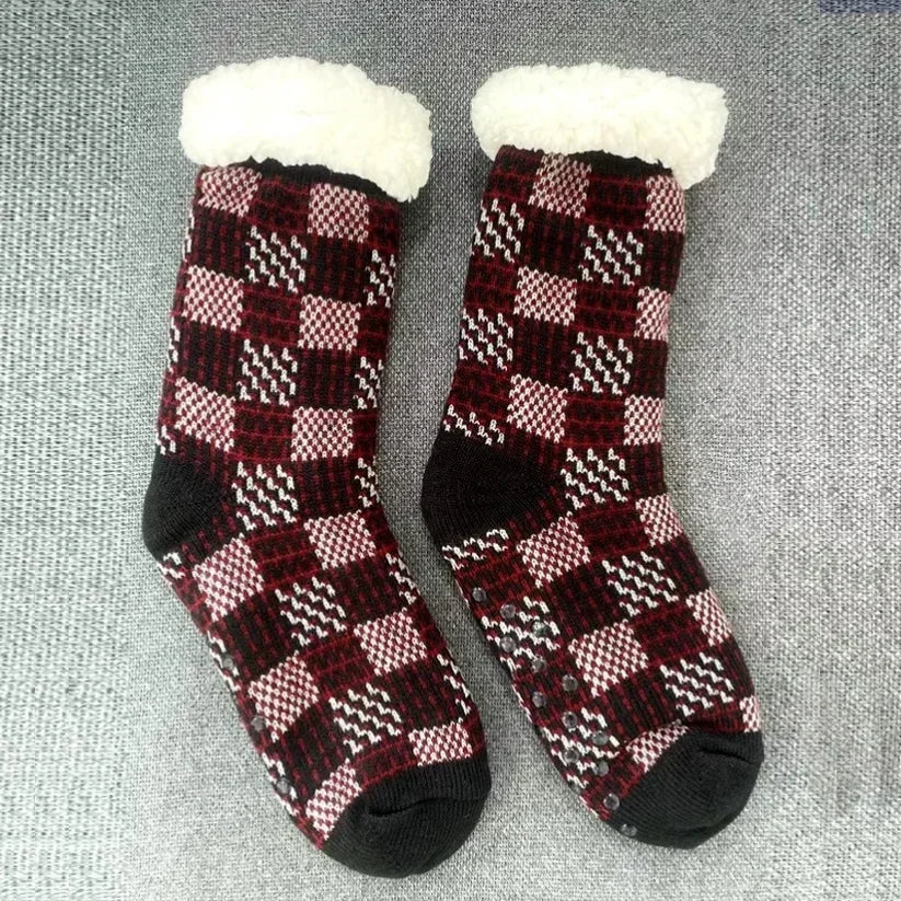 Grid red fluffy socks